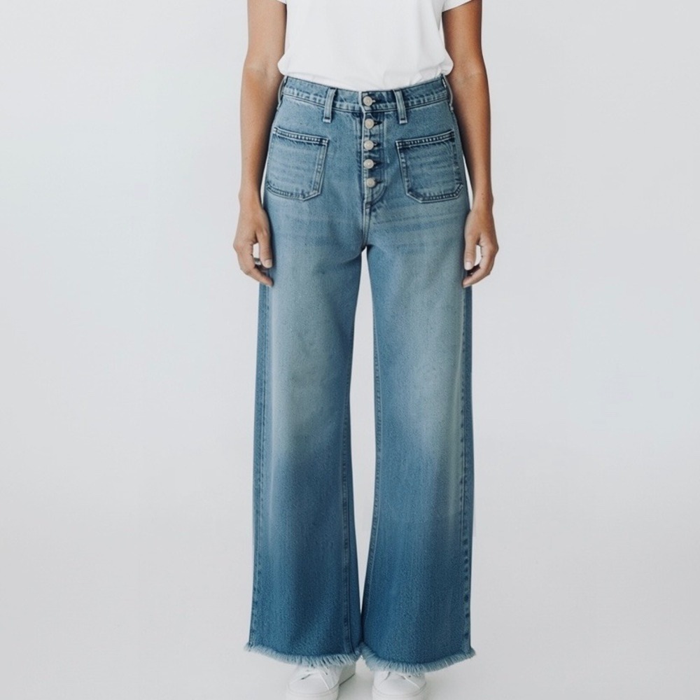 Rag & Bone Ruth Super High Rise Straight Leg Jeans Walbrook Blue Raw Hem 24